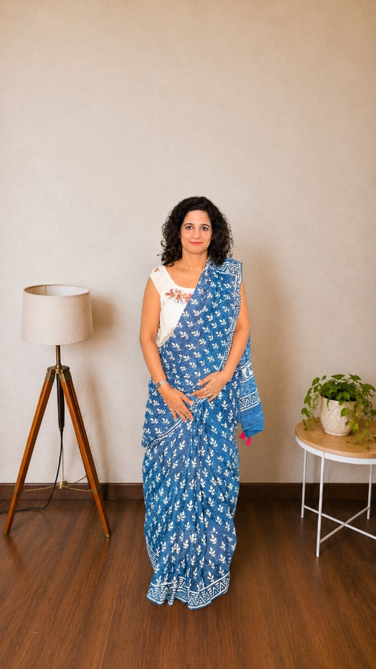 Indigo Mulmul Cotton Saree