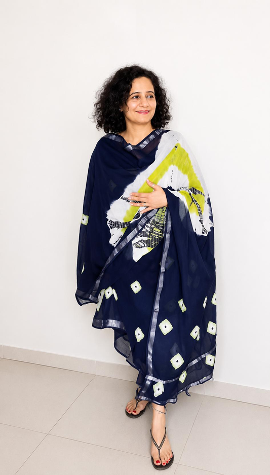 Indigo & Green Hand-Blocked Linen Suit Set