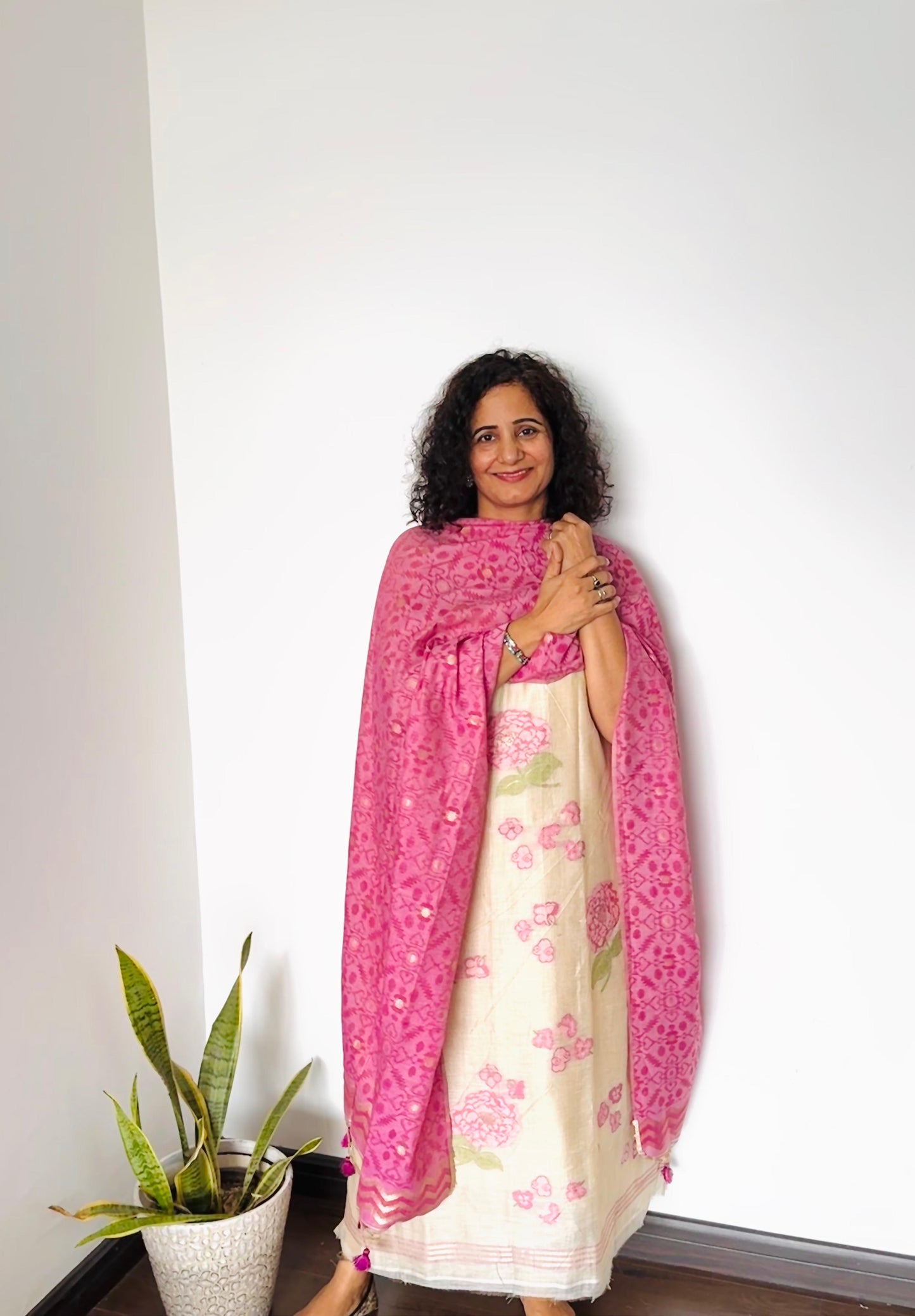 Pink & Ivory Jamdani Chanderi Suit Set
