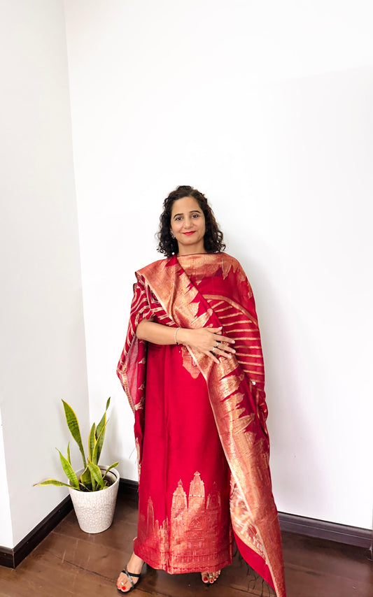 Red Taj Mahal Pure Silk Suit Set