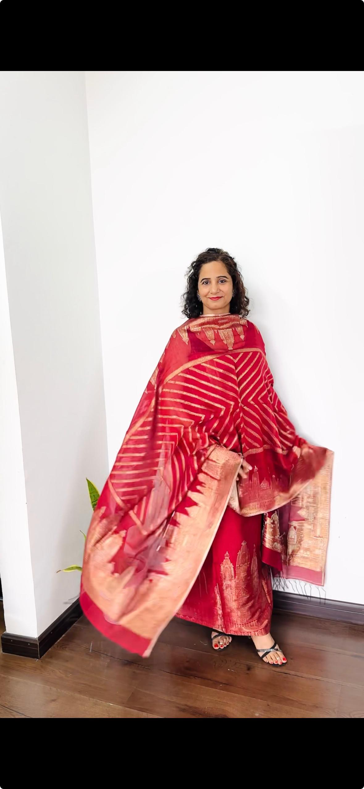 Red Taj Mahal Pure Silk Suit Set